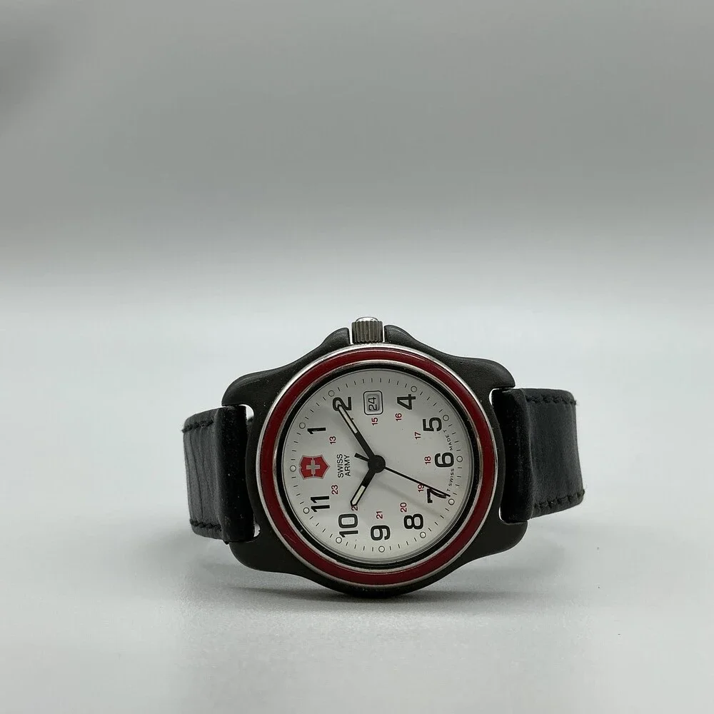 Swiss Army Mens Watch 33mm White Dial Black Leather Red Bezel New Battery